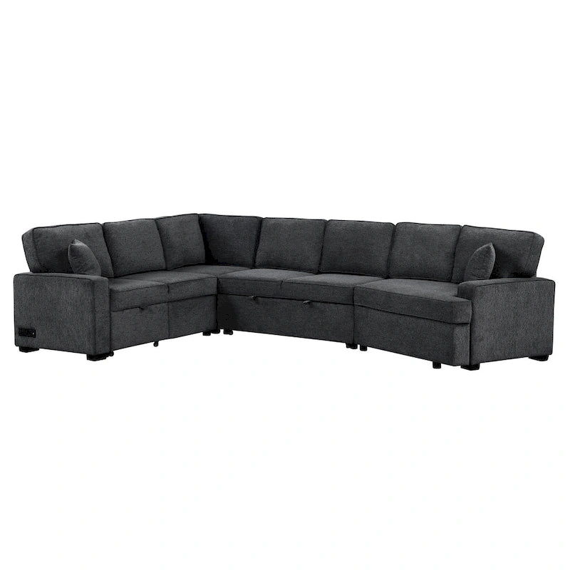 126 L-Shaped 6-Seat Sectional Sofa with Pull-Out Bed, USB Charging Ports, and Drop-Down Cup Holder Tables