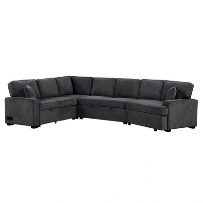 126 L-Shaped 6-Seat Sectional Sofa with Pull-Out Bed, USB Charging Ports, and Drop-Down Cup Holder Tables