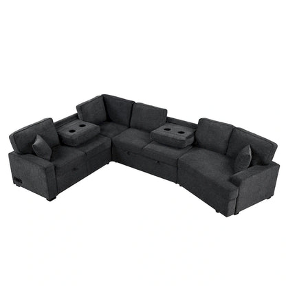 126 L-Shaped 6-Seat Sectional Sofa with Pull-Out Bed, USB Charging Ports, and Drop-Down Cup Holder Tables