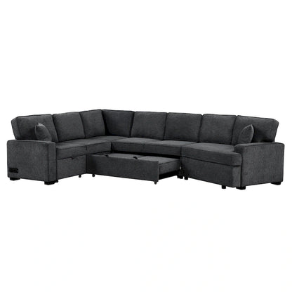 126 L-Shaped 6-Seat Sectional Sofa with Pull-Out Bed, USB Charging Ports, and Drop-Down Cup Holder Tables