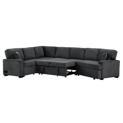 126 L-Shaped 6-Seat Sectional Sofa with Pull-Out Bed, USB Charging Ports, and Drop-Down Cup Holder Tables