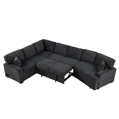 126 L-Shaped 6-Seat Sectional Sofa with Pull-Out Bed, USB Charging Ports, and Drop-Down Cup Holder Tables