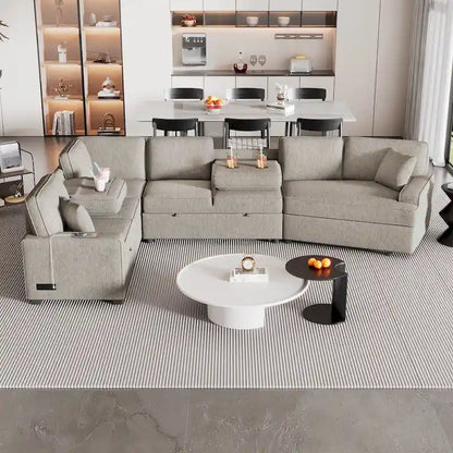 126 L-Shaped 6-Seat Sectional Sofa with Pull-Out Bed, USB Charging Ports, and Drop-Down Cup Holder Tables