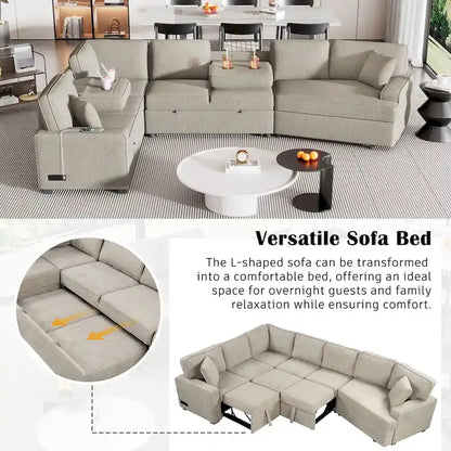 126 L-Shaped 6-Seat Sectional Sofa with Pull-Out Bed, USB Charging Ports, and Drop-Down Cup Holder Tables
