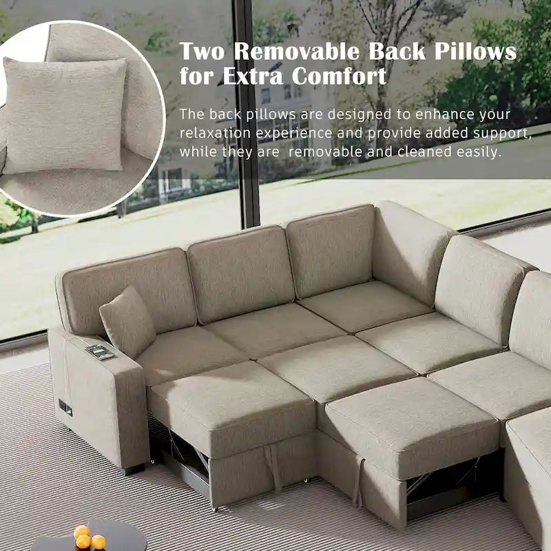 126 L-Shaped 6-Seat Sectional Sofa with Pull-Out Bed, USB Charging Ports, and Drop-Down Cup Holder Tables
