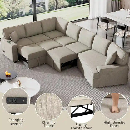 126 L-Shaped 6-Seat Sectional Sofa with Pull-Out Bed, USB Charging Ports, and Drop-Down Cup Holder Tables