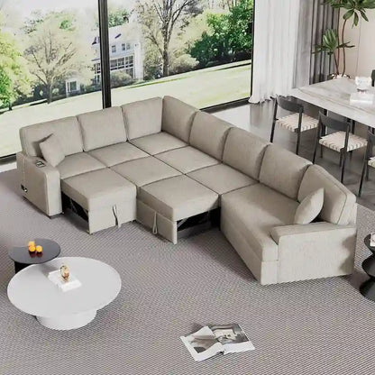 126 L-Shaped 6-Seat Sectional Sofa with Pull-Out Bed, USB Charging Ports, and Drop-Down Cup Holder Tables