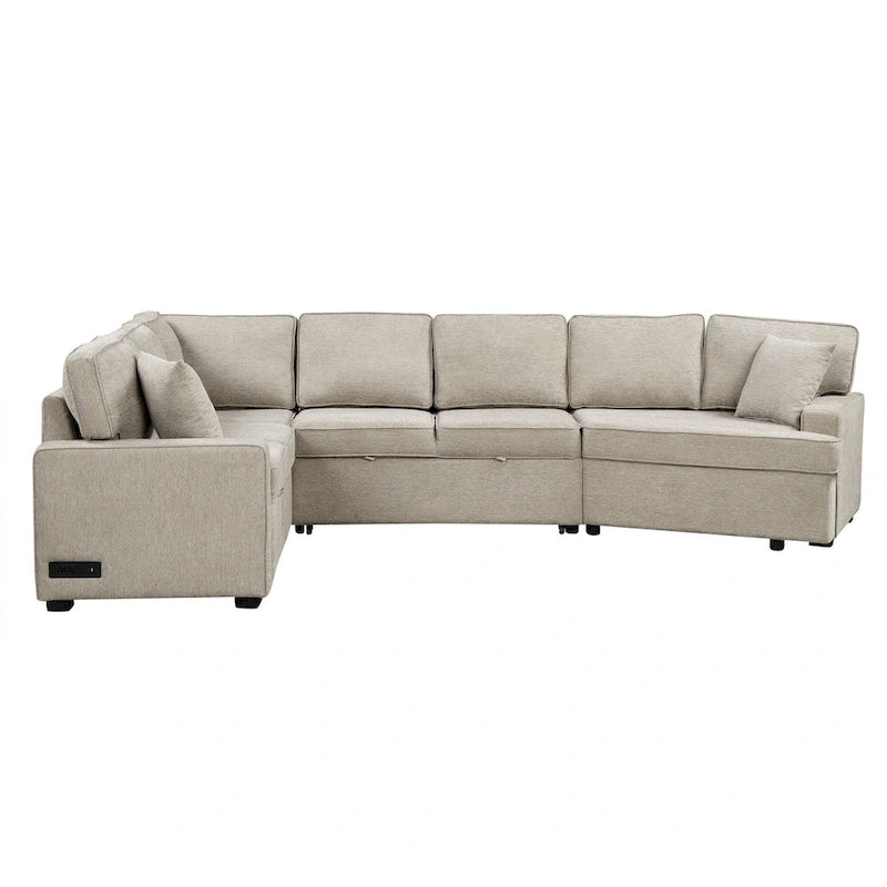 126 L-Shaped 6-Seat Sectional Sofa with Pull-Out Bed, USB Charging Ports, and Drop-Down Cup Holder Tables