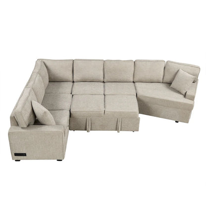 126 L-Shaped 6-Seat Sectional Sofa with Pull-Out Bed, USB Charging Ports, and Drop-Down Cup Holder Tables