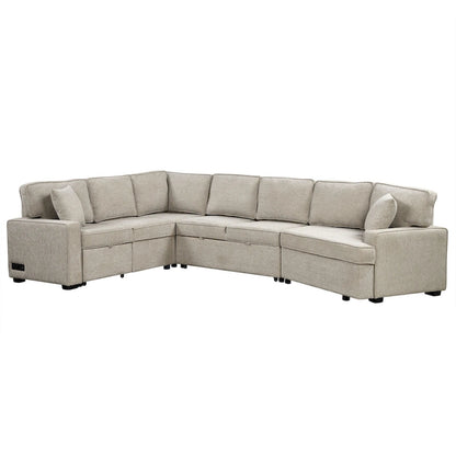 126 L-Shaped 6-Seat Sectional Sofa with Pull-Out Bed, USB Charging Ports, and Drop-Down Cup Holder Tables