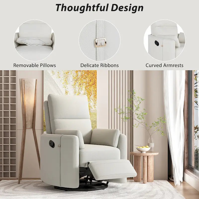 Beige Upholstered Swivel Rocker Recliner with Manual Recline, 360 Swivel, and Two Removable Cushions