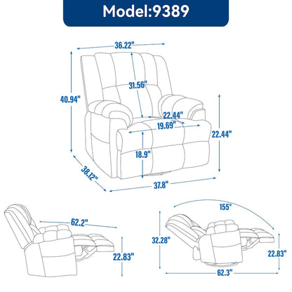 Green Oversized Fabric Recliner with 360 Swivel, Rocking Function, and Manual Controls for Maximum Comfort