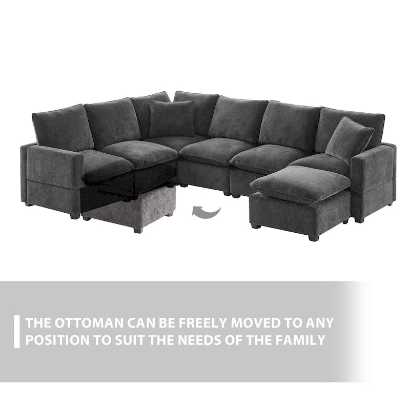 Black 110 Modular Chenille 7-Seat Corner Sectional Sofa Set with 2 Pillows and Ottoman for Living Room or Apartment