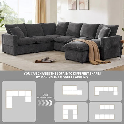Black 110 Modular Chenille 7-Seat Corner Sectional Sofa Set with 2 Pillows and Ottoman for Living Room or Apartment