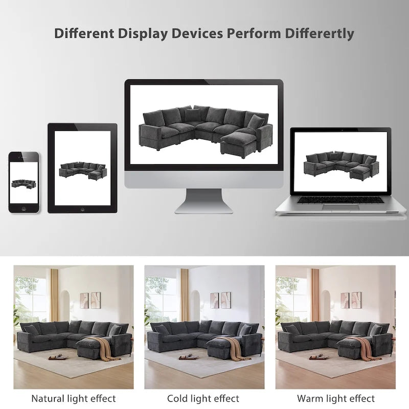 Black 110 Modular Chenille 7-Seat Corner Sectional Sofa Set with 2 Pillows and Ottoman for Living Room or Apartment