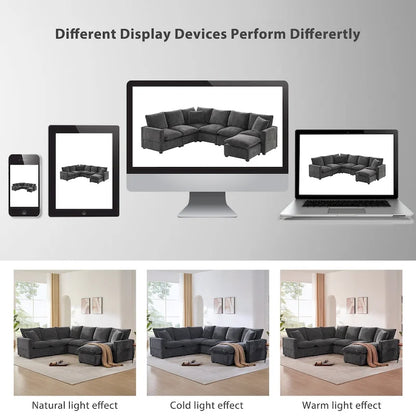 Black 110 Modular Chenille 7-Seat Corner Sectional Sofa Set with 2 Pillows and Ottoman for Living Room or Apartment
