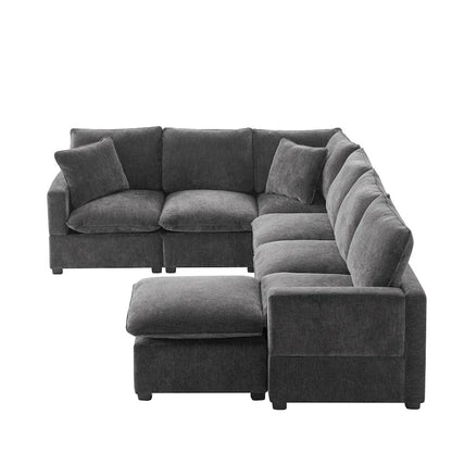 Black 110 Modular Chenille 7-Seat Corner Sectional Sofa Set with 2 Pillows and Ottoman for Living Room or Apartment