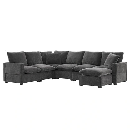 Black 110 Modular Chenille 7-Seat Corner Sectional Sofa Set with 2 Pillows and Ottoman for Living Room or Apartment