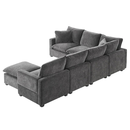 Black 110 Modular Chenille 7-Seat Corner Sectional Sofa Set with 2 Pillows and Ottoman for Living Room or Apartment