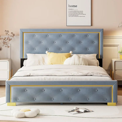 Gray Queen Size Upholstered Platform Bed with Pull Point Headboard and Metal Frame