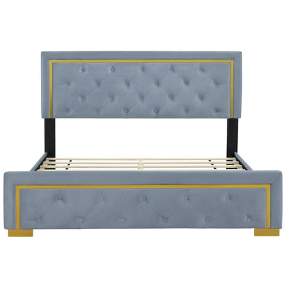 Gray Queen Size Upholstered Platform Bed with Pull Point Headboard and Metal Frame