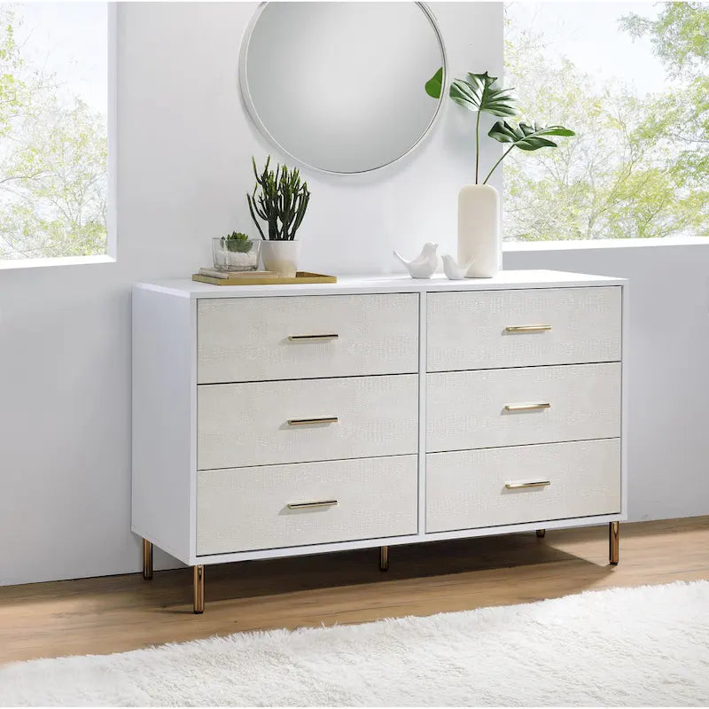 6-Drawer Solid Wood Double Dresser, Storage Cabinet with Slatted Drawer Fronts with Metal Handle, Bedroom Clothing Storage