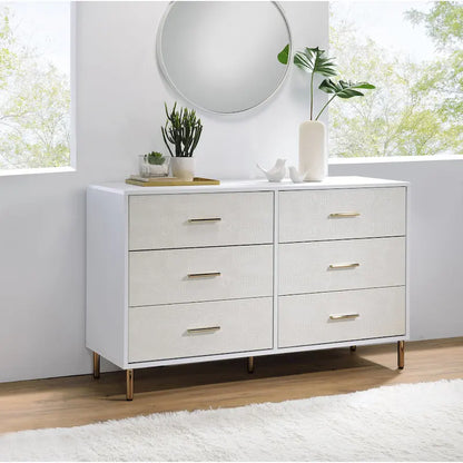 6-Drawer Solid Wood Double Dresser, Storage Cabinet with Slatted Drawer Fronts with Metal Handle, Bedroom Clothing Storage