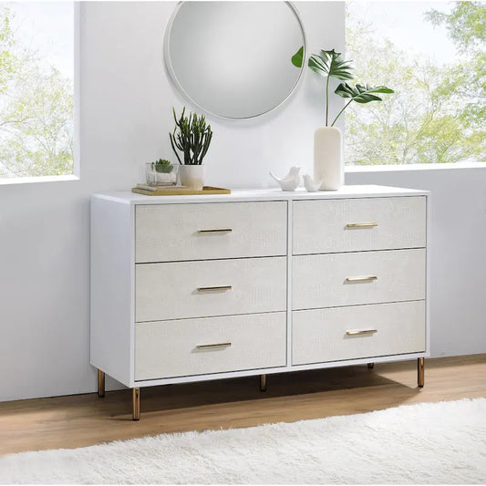 6-Drawer Solid Wood Double Dresser, Storage Cabinet with Slatted Drawer Fronts with Metal Handle, Bedroom Clothing Storage