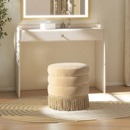 Edward 17.5 Round Upholstered Ottoman with Gold Bullion Fringe