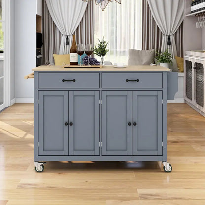 Essential MDF Kitchen Island Cart with Solid Wood Top, Locking Wheels, and Spice Rack