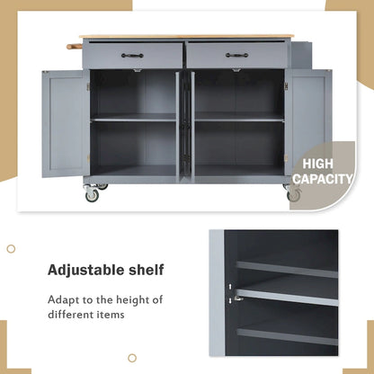 Essential MDF Kitchen Island Cart with Solid Wood Top, Locking Wheels, and Spice Rack