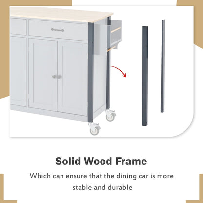 Essential MDF Kitchen Island Cart with Solid Wood Top, Locking Wheels, and Spice Rack