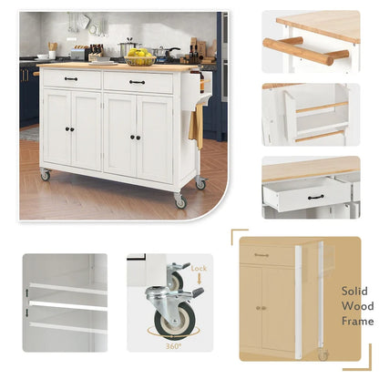 Essential MDF Kitchen Island Cart with Solid Wood Top, Locking Wheels, and Spice Rack