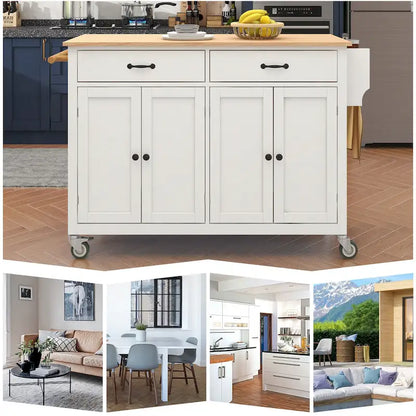 Essential MDF Kitchen Island Cart with Solid Wood Top, Locking Wheels, and Spice Rack