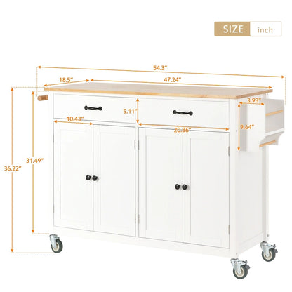 Essential MDF Kitchen Island Cart with Solid Wood Top, Locking Wheels, and Spice Rack