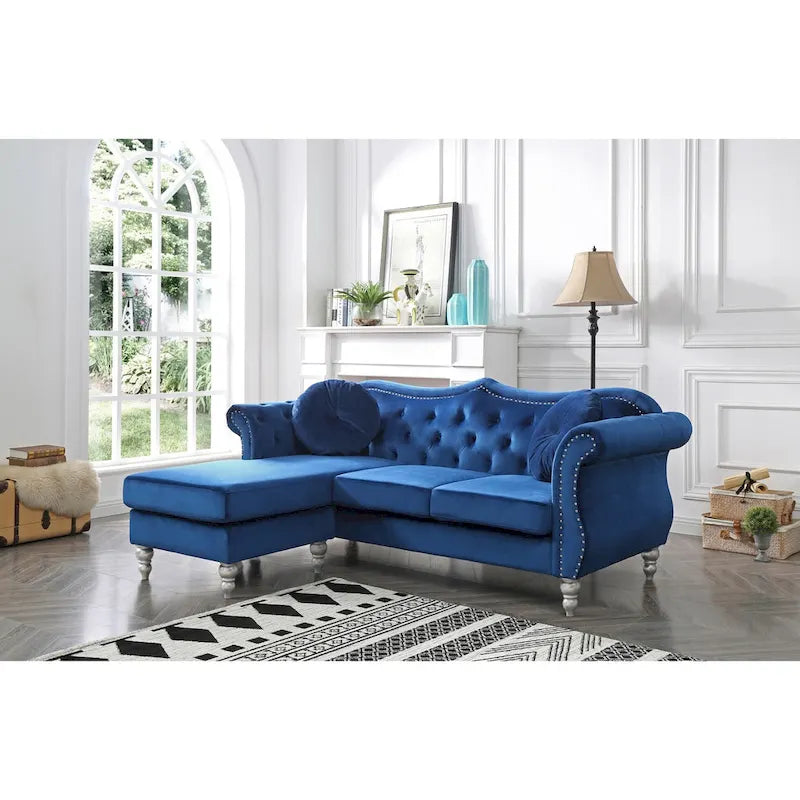 Hollywood 81 in. Velvet Chesterfield Sectional Sofa with 2-Throw Pillow - 81L x 35W x 34H