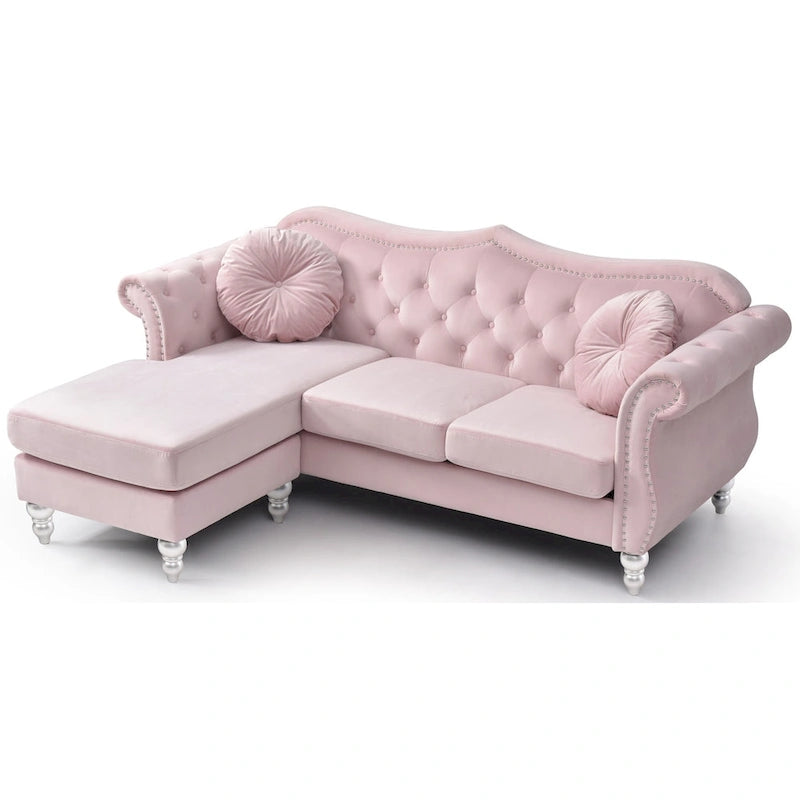 Hollywood 81 in. Velvet Chesterfield Sectional Sofa with 2-Throw Pillow - 81L x 35W x 34H