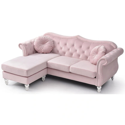 Hollywood 81 in. Velvet Chesterfield Sectional Sofa with 2-Throw Pillow - 81L x 35W x 34H