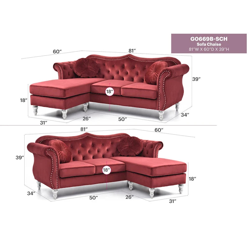 Hollywood 81 in. Velvet Chesterfield Sectional Sofa with 2-Throw Pillow - 81L x 35W x 34H