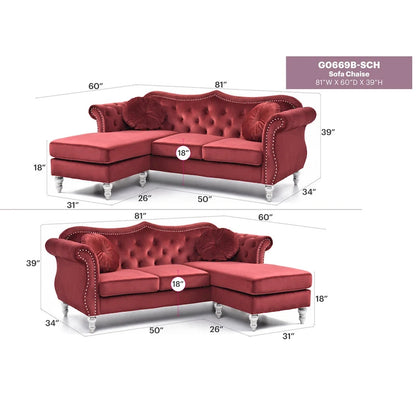 Hollywood 81 in. Velvet Chesterfield Sectional Sofa with 2-Throw Pillow - 81L x 35W x 34H