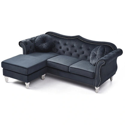 Hollywood 81 in. Velvet Chesterfield Sectional Sofa with 2-Throw Pillow - 81L x 35W x 34H