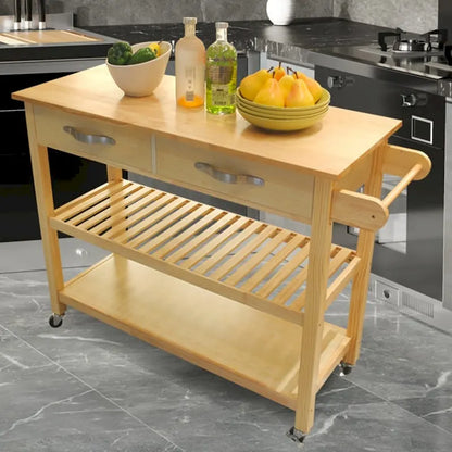 45 Kitchen Island Cart with Wheels, 2 Drawers & Open Storage Shelves - 45 x 17 x 35 inches
