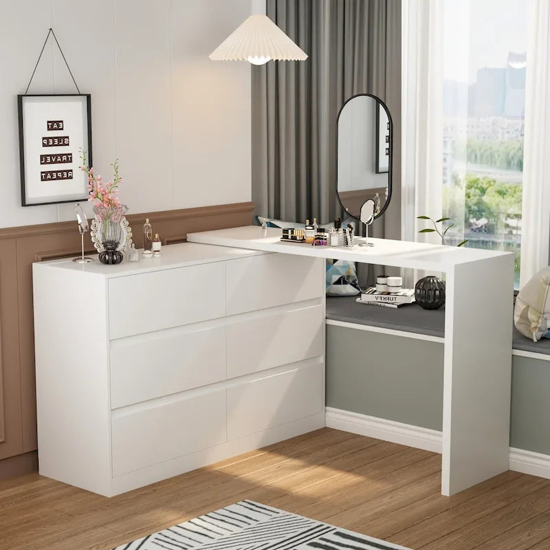 Timechee Home Rotating Dresser and Desk 6 Drawer Dresser Vanity Makeup