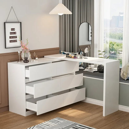 Timechee Home Rotating Dresser and Desk 6 Drawer Dresser Vanity Makeup
