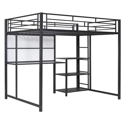 Full Size Loft Bed with Desk and Whiteboard, Metal Loft Bed with 3 Shelves and Ladder, Black