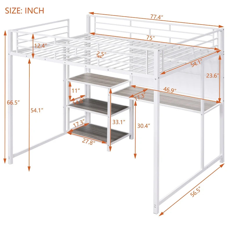 Full Size Loft Bed with Desk and Whiteboard, Metal Loft Bed with 3 Shelves and Ladder, Black