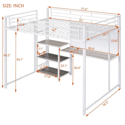 Full Size Loft Bed with Desk and Whiteboard, Metal Loft Bed with 3 Shelves and Ladder, Black
