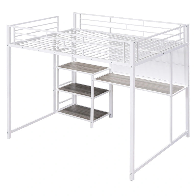 Full Size Loft Bed with Desk and Whiteboard, Metal Loft Bed with 3 Shelves and Ladder, Black