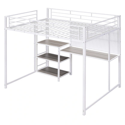Full Size Loft Bed with Desk and Whiteboard, Metal Loft Bed with 3 Shelves and Ladder, Black