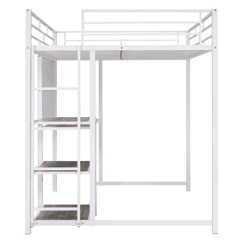 Full Size Loft Bed with Desk and Whiteboard, Metal Loft Bed with 3 Shelves and Ladder, Black
